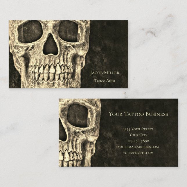 Gothic Skull Head Sepia Black Tattoo Artist Visitkort (Fram/baksida)