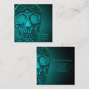 Gothic Skull Head Teal Grönt Metallic Tatto Shop Fyrkantigt Visitkort