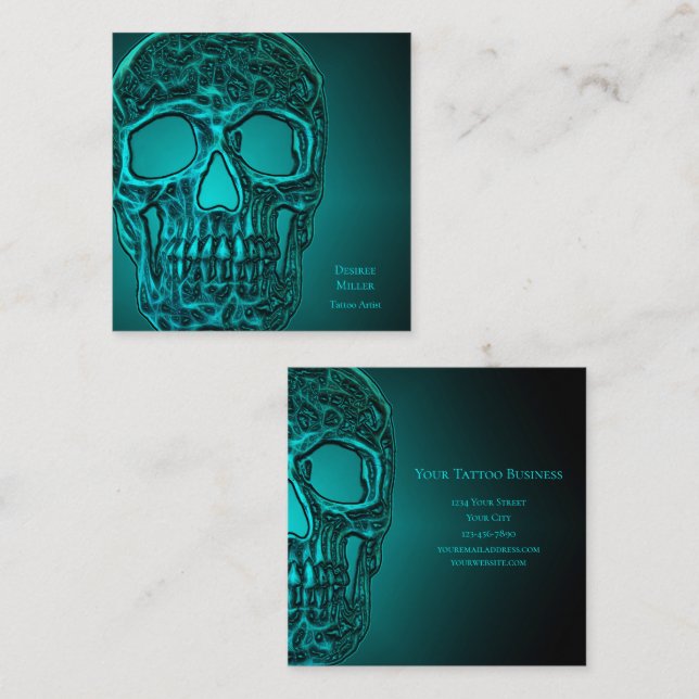 Gothic Skull Head Teal Grönt Metallic Tatto Shop Fyrkantigt Visitkort (Fram/baksida)