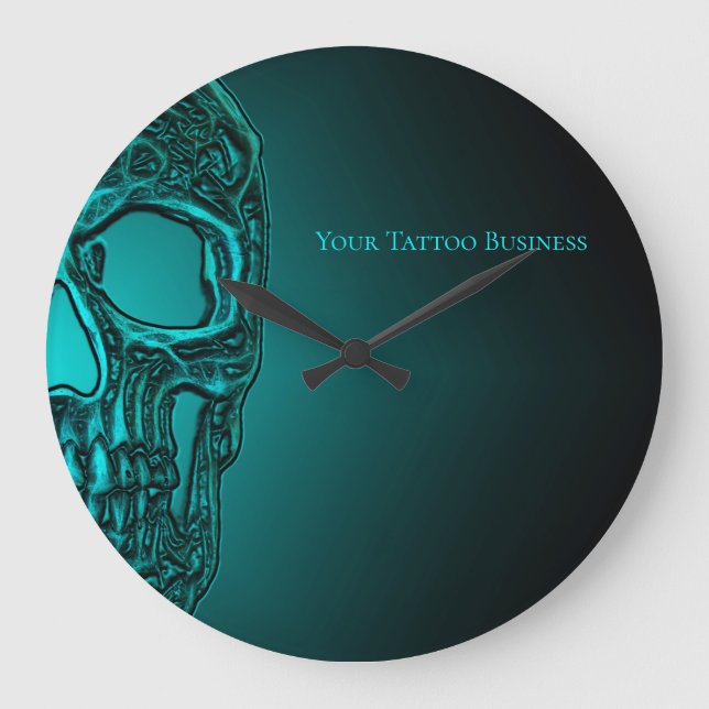 Gothic Skull Head Teal Grönt Tatto Shop Stor Klocka (Framsida)