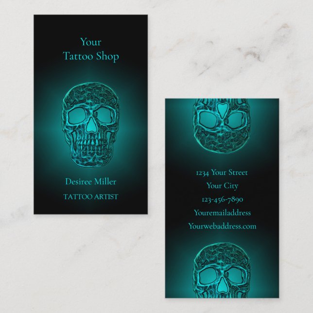 Gothic Skull Head Teal Grönt Tatto Shop Visitkort (Fram/baksida)