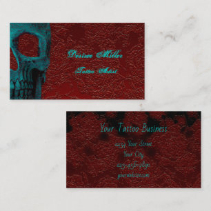 Gothic Skull Head Teal Red Blommigt Tattoo Artist Visitkort