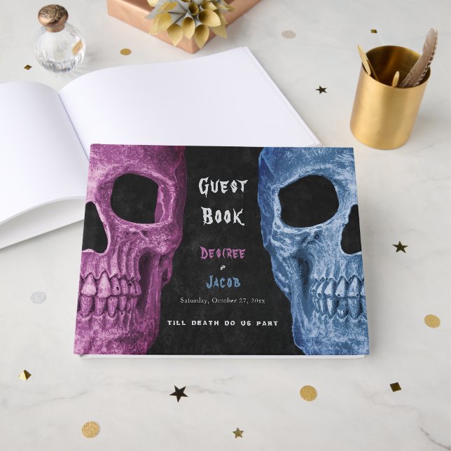 Gothic Skull Huvud Pink Blå Svart Vigsel Gästböcker (Framsida Öppen)