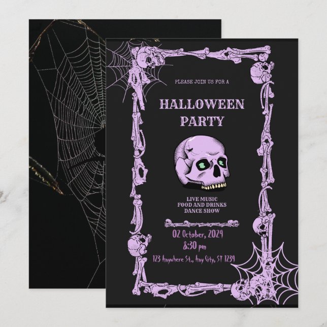 Gothic Skull-inbjudan för vuxen Halloween fest Vin Spara Datumet (Fram/baksida)