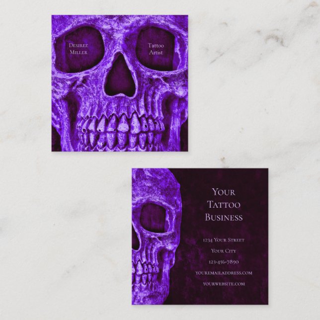Gothic Skull Lila Burgundy Tatto Shop Fyrkantigt Visitkort (Fram/baksida)
