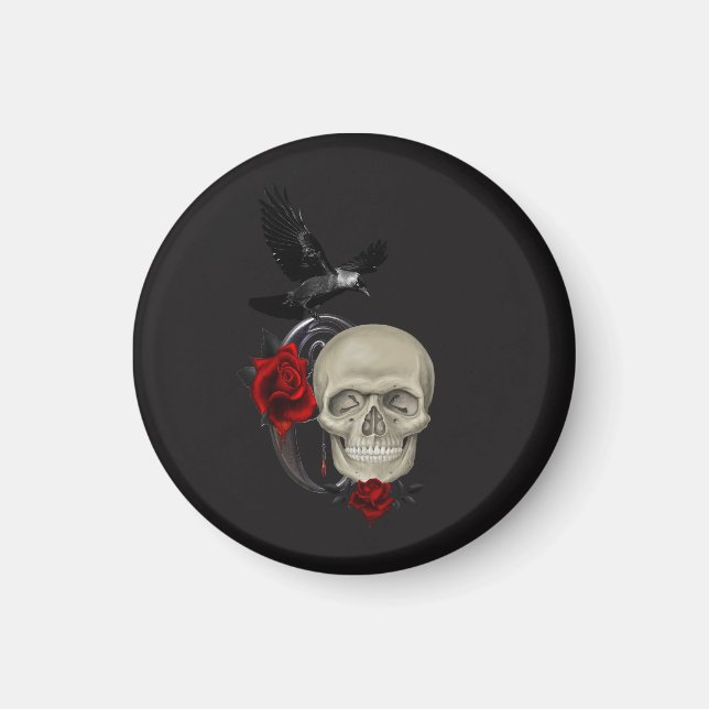 Gothic Skull med Ro och Raven Magnet (Framsidan)