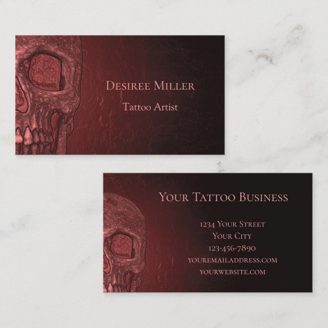 Gothic Skull Metallic Red Rosa Tatto Shop Visitkort (Fram/baksida)