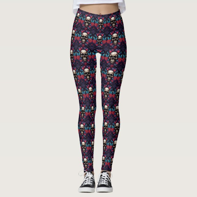 Gothic Skull och Blue Butterflies Leggings (Framsida)