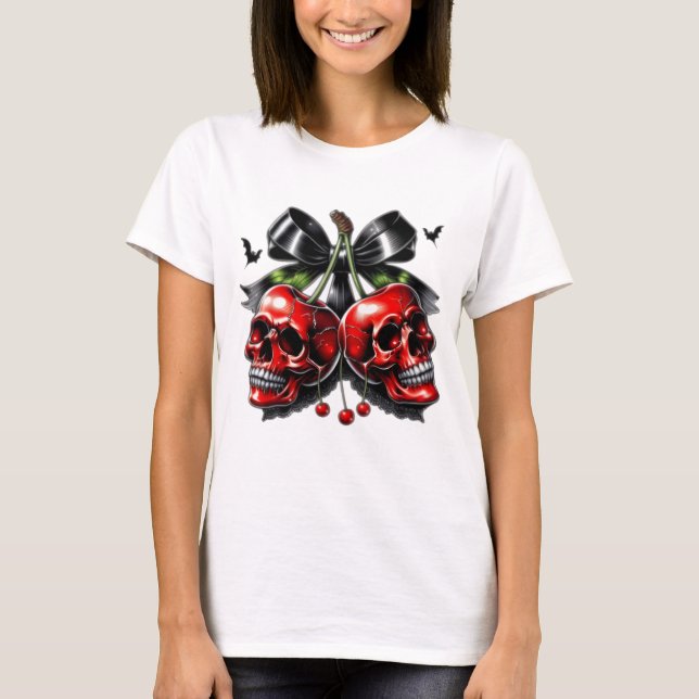 Gothic Skull och Cherries Halloween T-Shirt (Framsida)