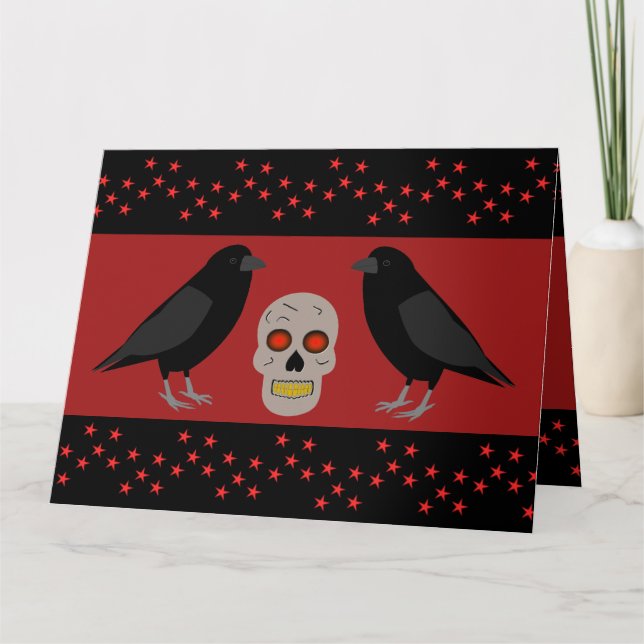 Gothic Skull och Guardian Ravens Halloween Anpassn Kort (Framsida)
