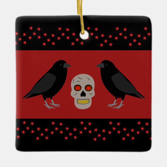 Gothic Skull och Guardian Ravens Halloween Julgransprydnad Keramik (Framsida)