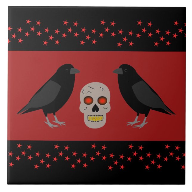 Gothic Skull och Guardian Ravens Halloween Kakelplatta (Framsidan)
