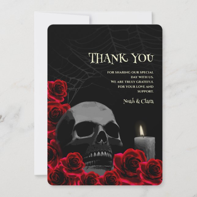 Gothic Skull och Röd ros Halloween Bröllop Tack Kort (Framsida)