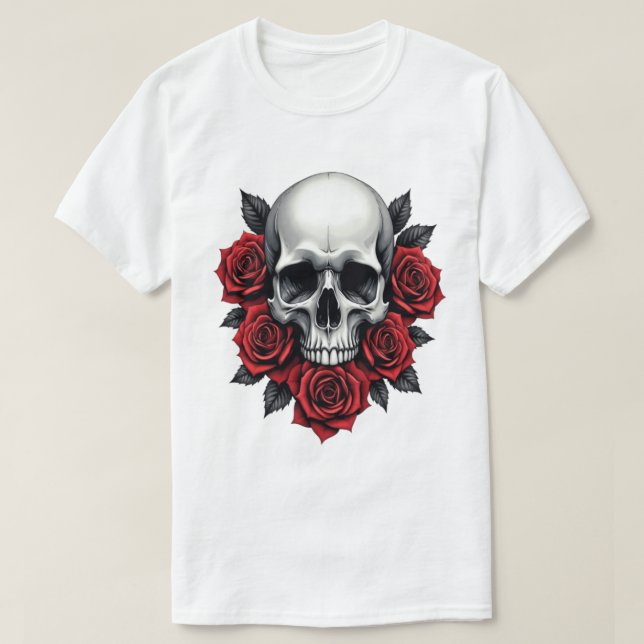 Gothic Skull och Röd ros Mörk T Shirt (Design framsida)