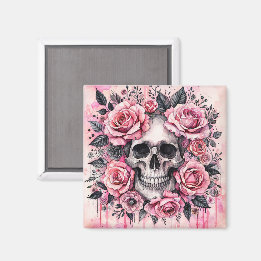 Gothic Skull och Rosa ros Watercolor Art Art Magnet