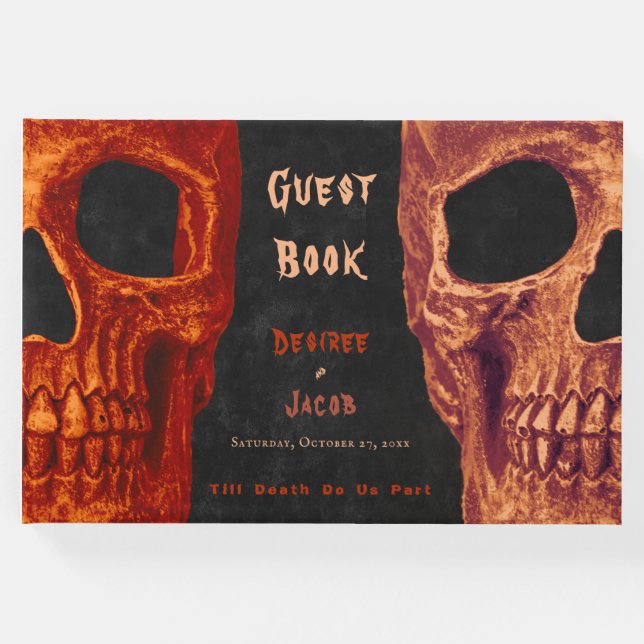 Gothic Skull Orange Black Halloween Bröllop Gästböcker (Framsida)