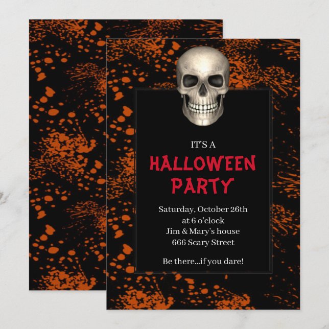 Gothic Skull Orange Splatter Halloween fest Inbjudningar (Fram/baksida)