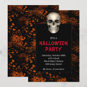 Gothic Skull Orange Splatter Halloween fest Inbjudningar