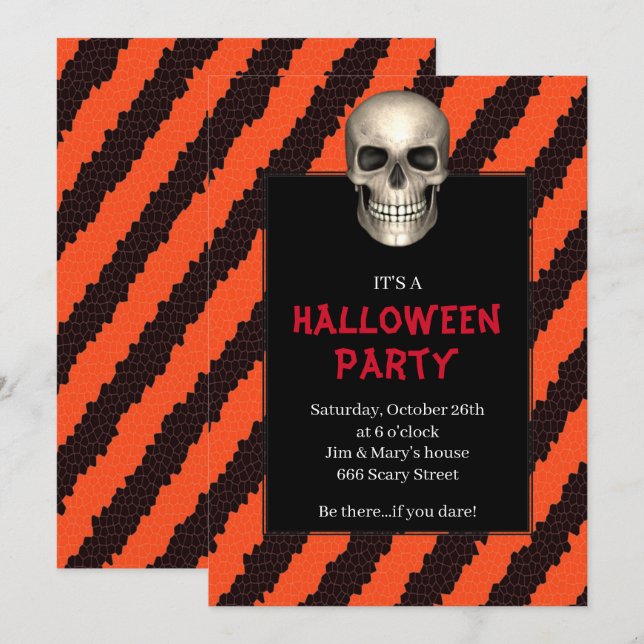 Gothic Skull Orange Stripe Halloweenfest Inbjudningar (Fram/baksida)
