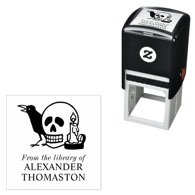 Gothic Skull, Raven och Candle Bibliotek Bok Namn Självfärgande Stämpel (In Situ)