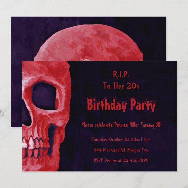 Gothic Skull Red Birthday till hennes 20-tal Inbjudningar (Fram/baksida)