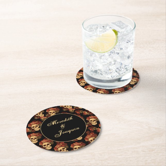 Gothic Skull Röd ros Black Halloween Bröllop Underlägg Papper Rund (Insitu)