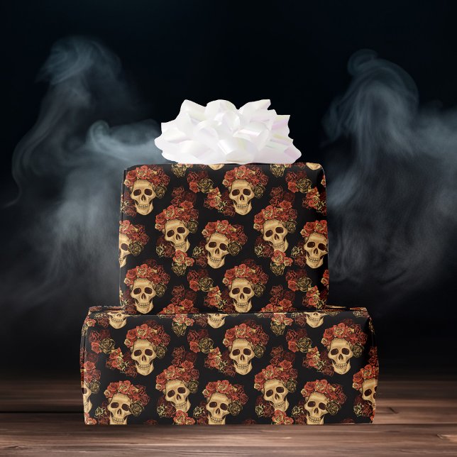 Gothic Skull Röd ros Black Halloween Mönster Presentpapper (Skapare uppladdad)