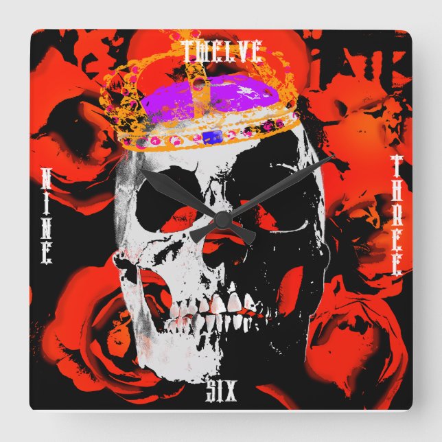 Gothic Skull Röd ros Fyrkantig Klocka (Framsida)