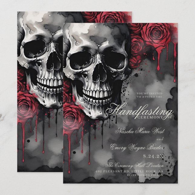 Gothic Skull & Röd ros Halloween-handtag Inbjudningar (Fram/baksida)