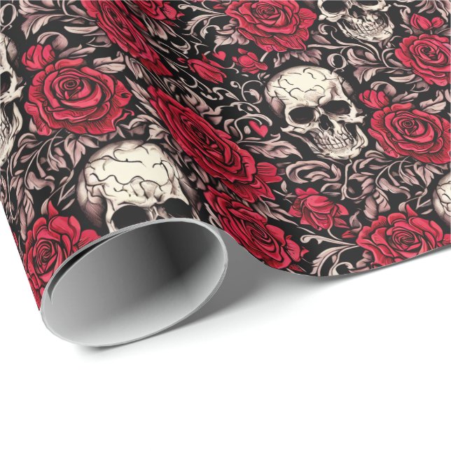 Gothic Skull & Röd ros Toile Mönster Presentpapper (Rullad Hörn)