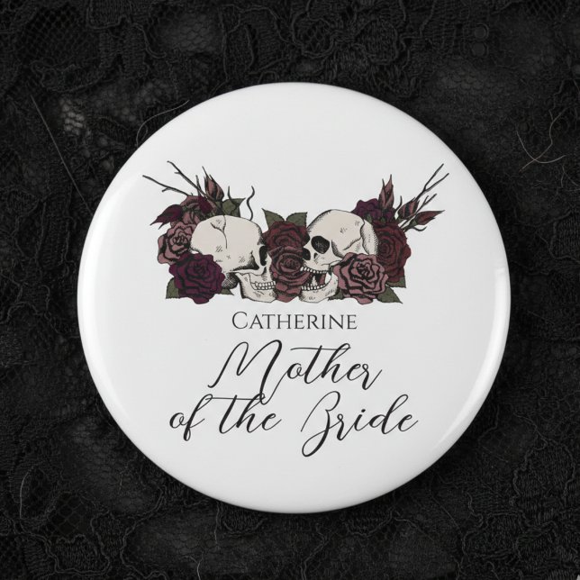 Gothic Skull & Rose Wedding Party Knapp (Elegant Gothic Wedding Buttons for Mother of the Bride or Bridesmaid. Gothic Wedding Party Buttons)