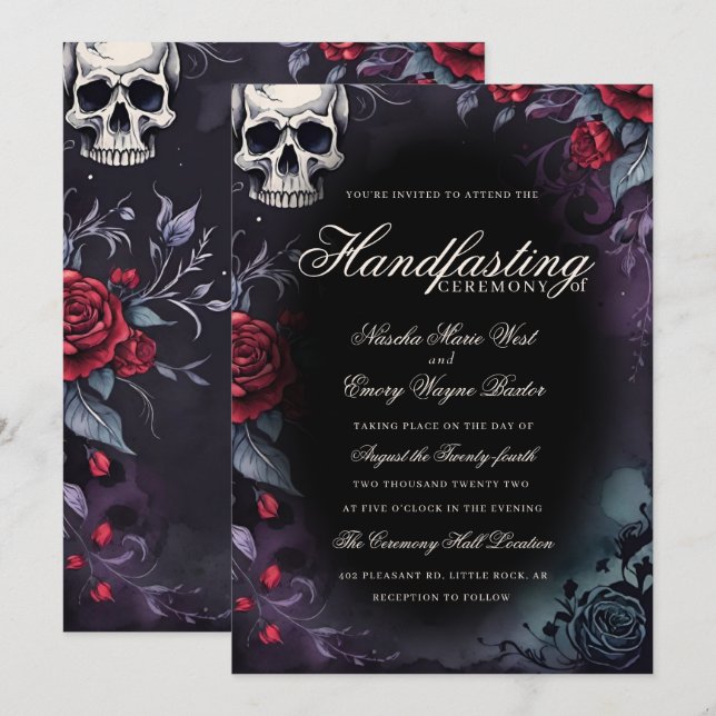 Gothic Skull & Roses Purple Black Handfasting Inbjudningar (Fram/baksida)
