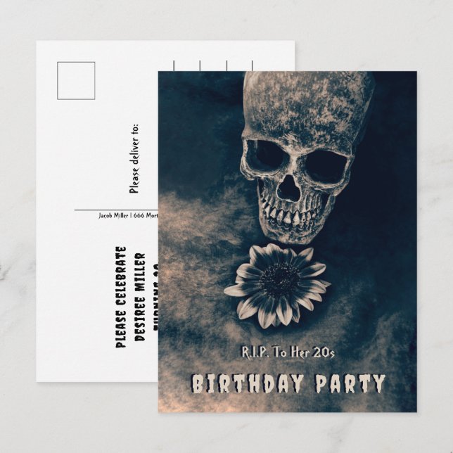 Gothic Skull-solrosor RIP till hennes 20-tal Inbjudan Vykort (Fram/baksida)