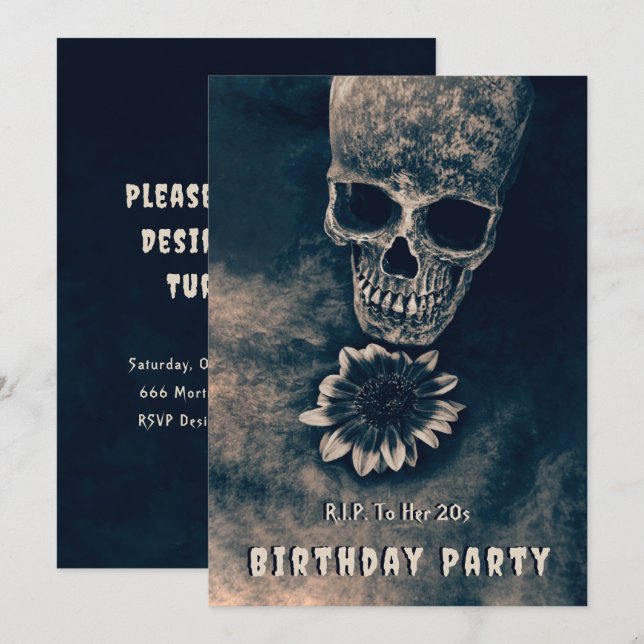 Gothic Skull-solrosor RIP till hennes 20-tal Inbjudningar (Fram/baksida)