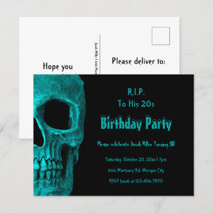 Gothic Skull Teal Black Birthday till hans 20-tal Inbjudan Vykort