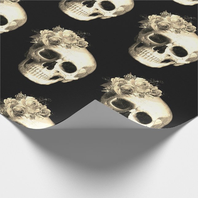 Gothic Skull Vit ros Mönster Halloween Presentpapper (Hörn)