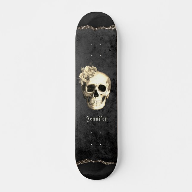 Gothic Skull Vit ros Personlig Mini Skateboard Bräda 18,5 Cm (Framsida)
