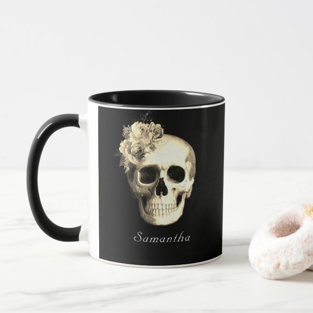 Gothic Skull Vit ros Personlig Mugg (Med munk)