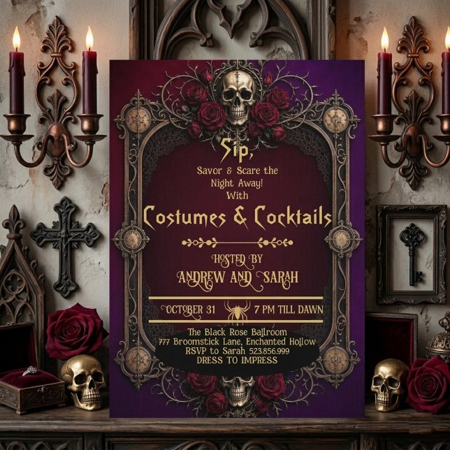 Gothic Skulls Kostymer & Cocktailar Crimson Roses  Inbjudningar (Gothic Skulls Costumes & Cocktails Crimson Roses Invitation)