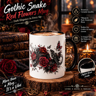 Gothic Snake & Red Flowers Mugg – Mörk Botanisk Bu