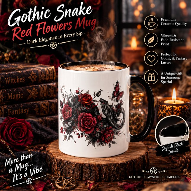 Gothic Snake & Red Flowers Mugg – Mörk Botanisk Bu (Skapare uppladdad)