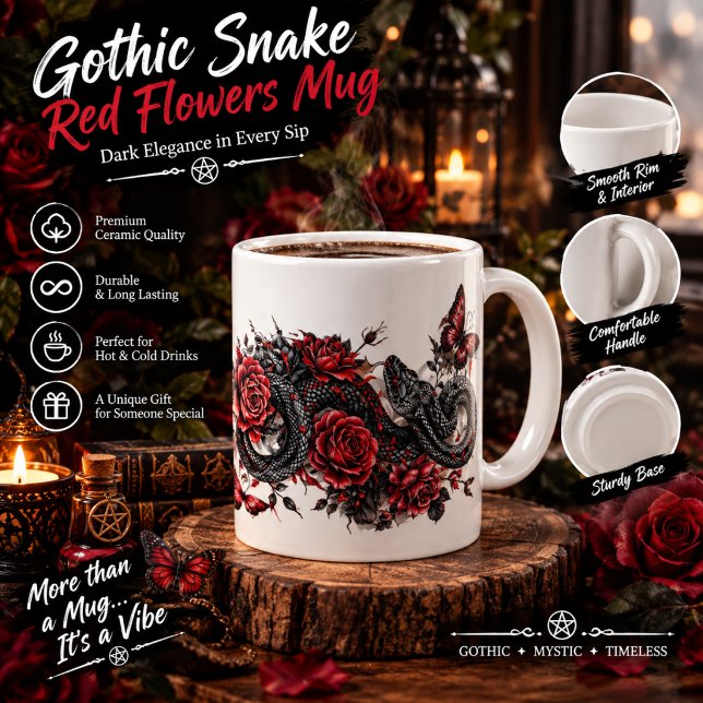 Gothic Snake & Red Flowers Mugg – Mörk Botanisk Bu Espressomugg (Skapare uppladdad)