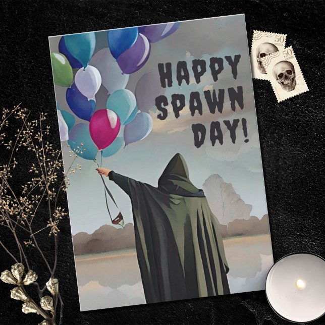 Gothic Spawnday Balloons & Mörk Clouds Birthday Kort (Skapare uppladdad)
