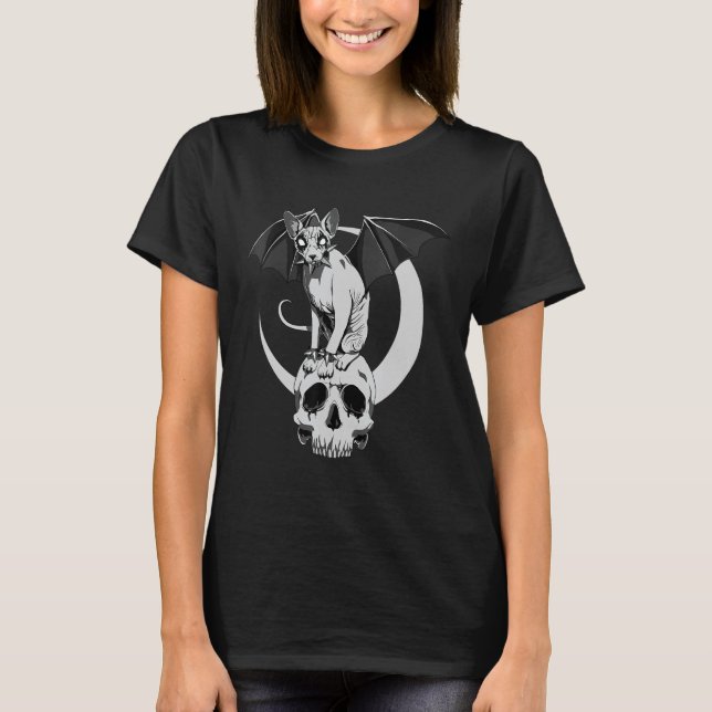 Gothic Sphynx Cat Fladdermus Wicca Goth Skull Evil T Shirt (Framsida)
