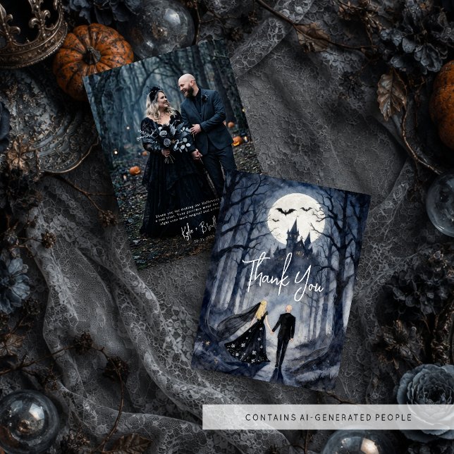 Gothic Spooky Forest Toward Castle TLW26 Tack Kort (Gothic Spooky Forest Toward Haunted Castle Halloween Wedding Thank You Card with Full Moon Night Sky)