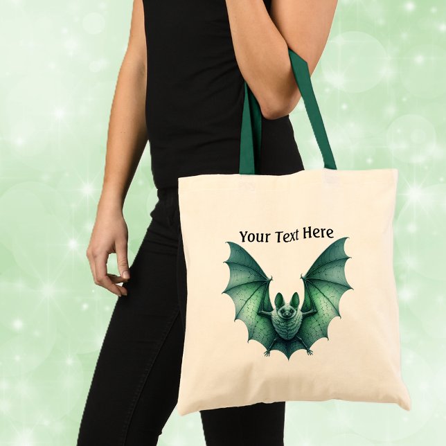 Gothic Spooky Grönt Fladdermus Vingar Spread Tygkasse (Spooky Gothic look green furry bat with spread wings on white tote bag with green handles.)