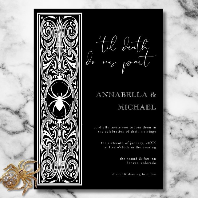 Gothic Spooky Spider Black White Bröllop Inbjudningar (Gothic Spooky Spider Black White Wedding Invitation)