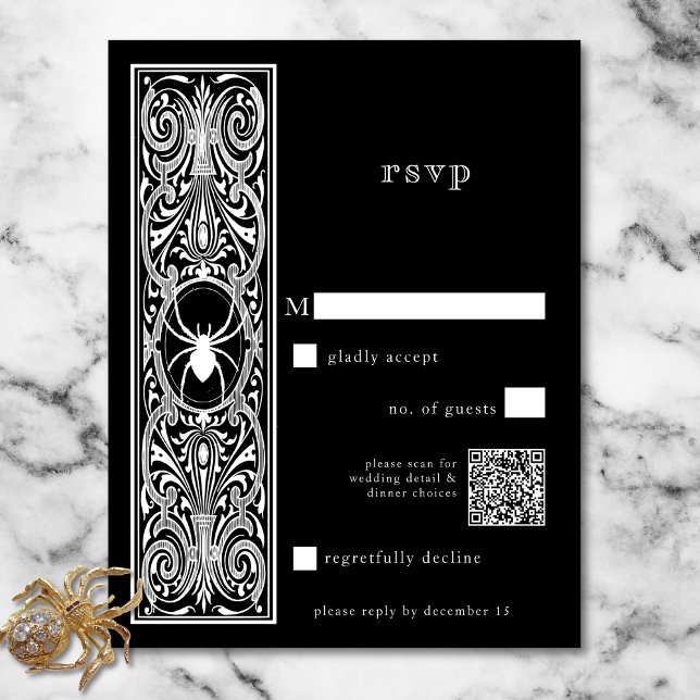 Gothic Spooky Spider Black White Bröllop QR-kod OSA Kort (Gothic Spooky Spider Black White Wedding QR Code RSVP Card)