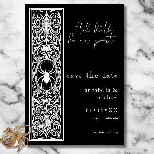Gothic Spooky Spider Black White Bröllop Spara Datumet (Gothic Spooky Spider Black White Wedding Save The Date)
