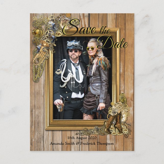 Gothic - Steampunk on Wood Save the Date Meddelande Vykort (Framsida)